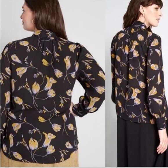 ModCloth Black Yellow Tulip Floral Design Front Tie Neck Blouse Modern Feminine - Picture 4 of 12